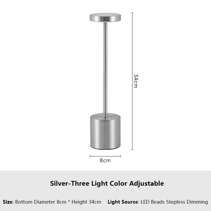 Touch Glow Cordless Desk Lamp in Silver with size details