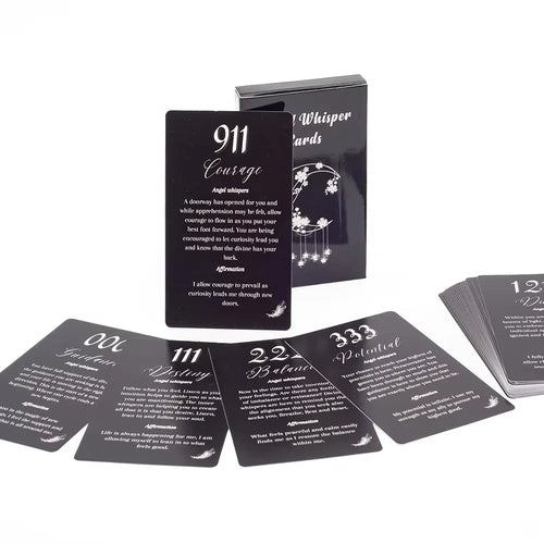 Angel Number Affirmation Cards deck with box and sample cards