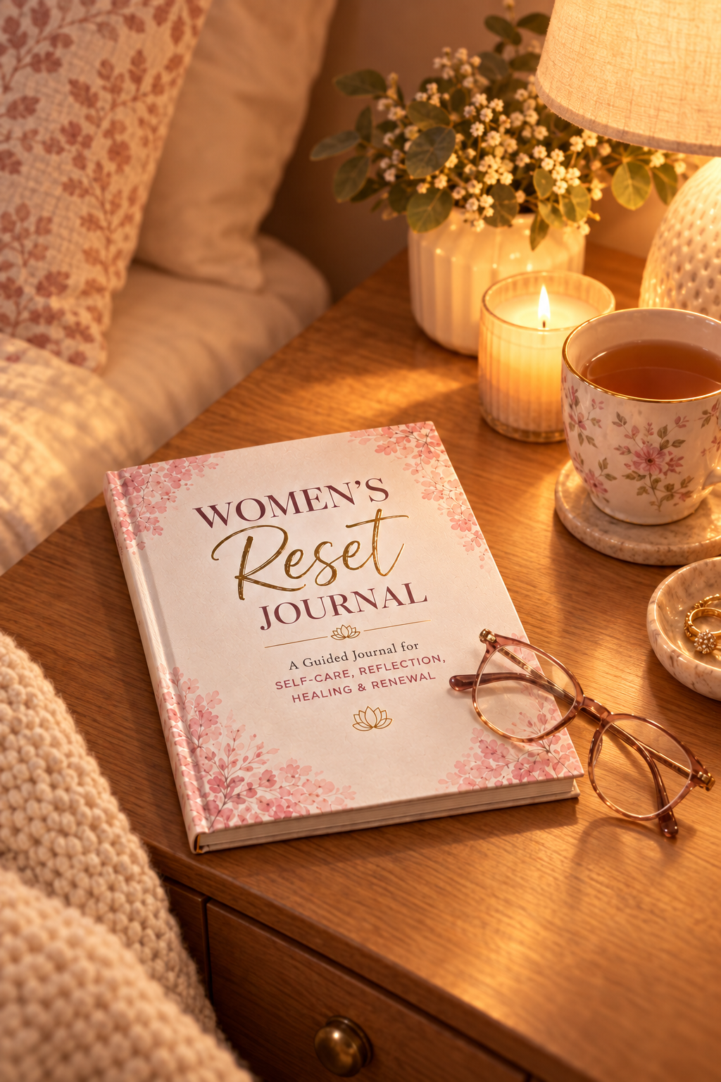 Reset Journal on a bedside table beside a lit candle