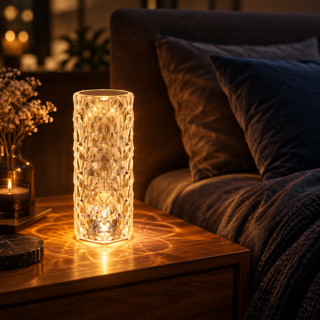 Crystal Mood Lamp creating a romantic, glowing atmosphere in the evening