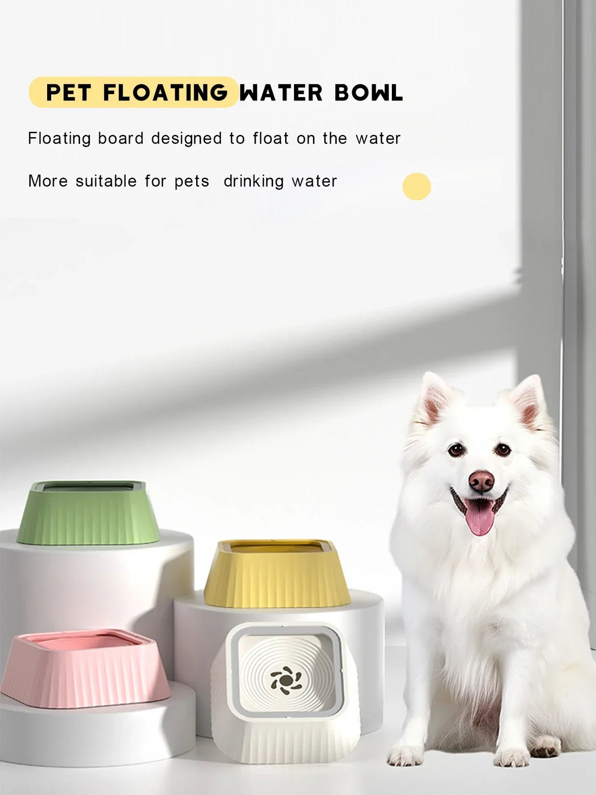 No-Spill Floating Dog Water Bowls in several colors beside a white dog